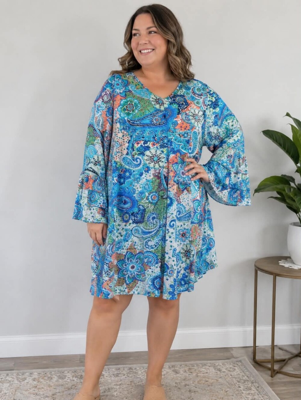 Blue Paisley Print Bell Sleeve Swing Dress - XL Boho A-Line